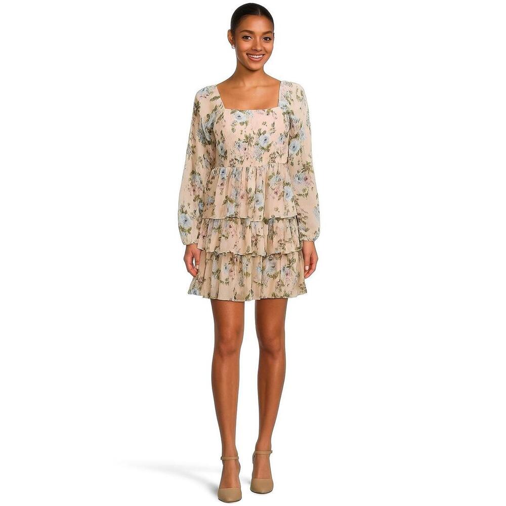 Madden NYC Beige Pink Blue Floral Smocked Peasant Tiered Mini Lined Dress, XXL